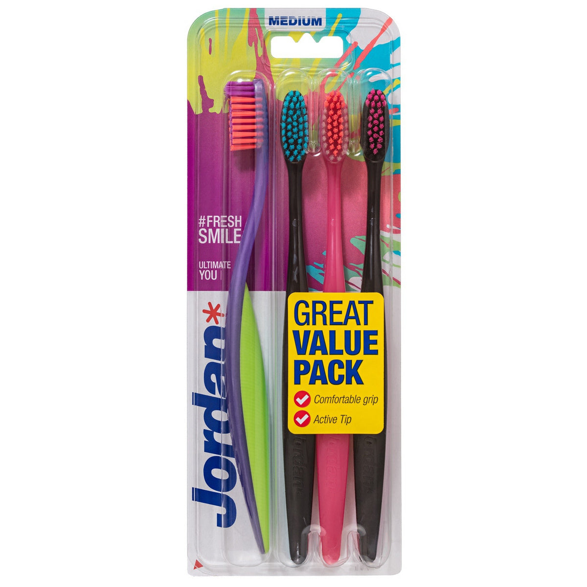 Jordan Ultimate You vidutinė dantų šepetėlis - mišrių spalvų 1op.-4vnt