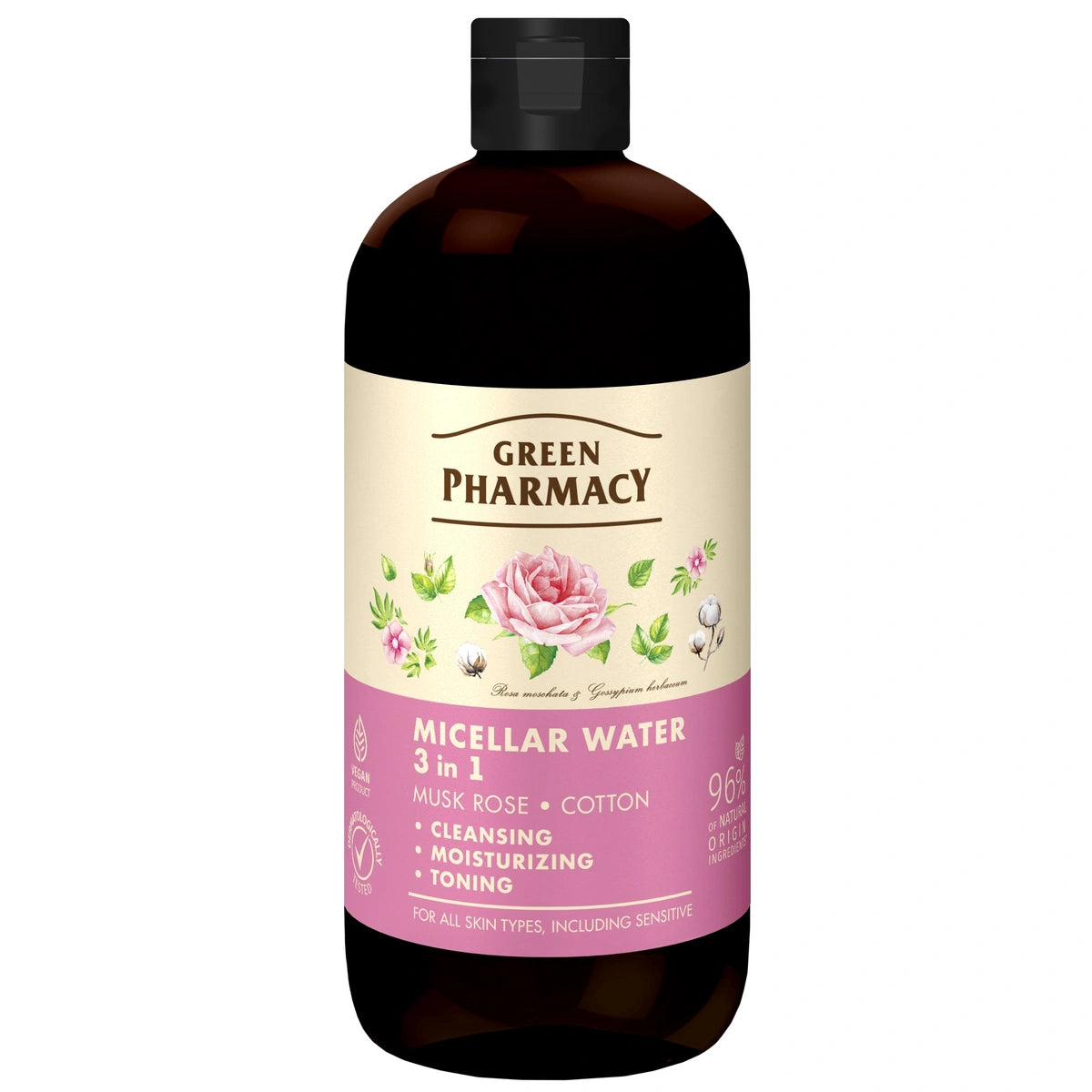 GREEN PHARMACY Micelinis vanduo 3w1 Muskusinė rožė ir Medvilnė 500 ml