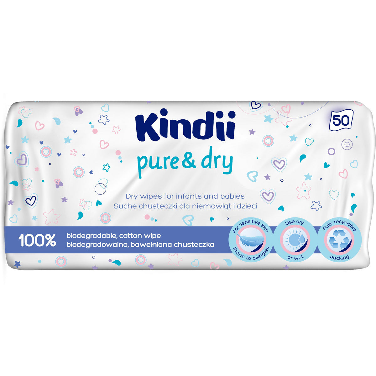 Kindii Pure & Dry Sausi servetėlės kūdikiams ir vaikams 1op.-50vnt