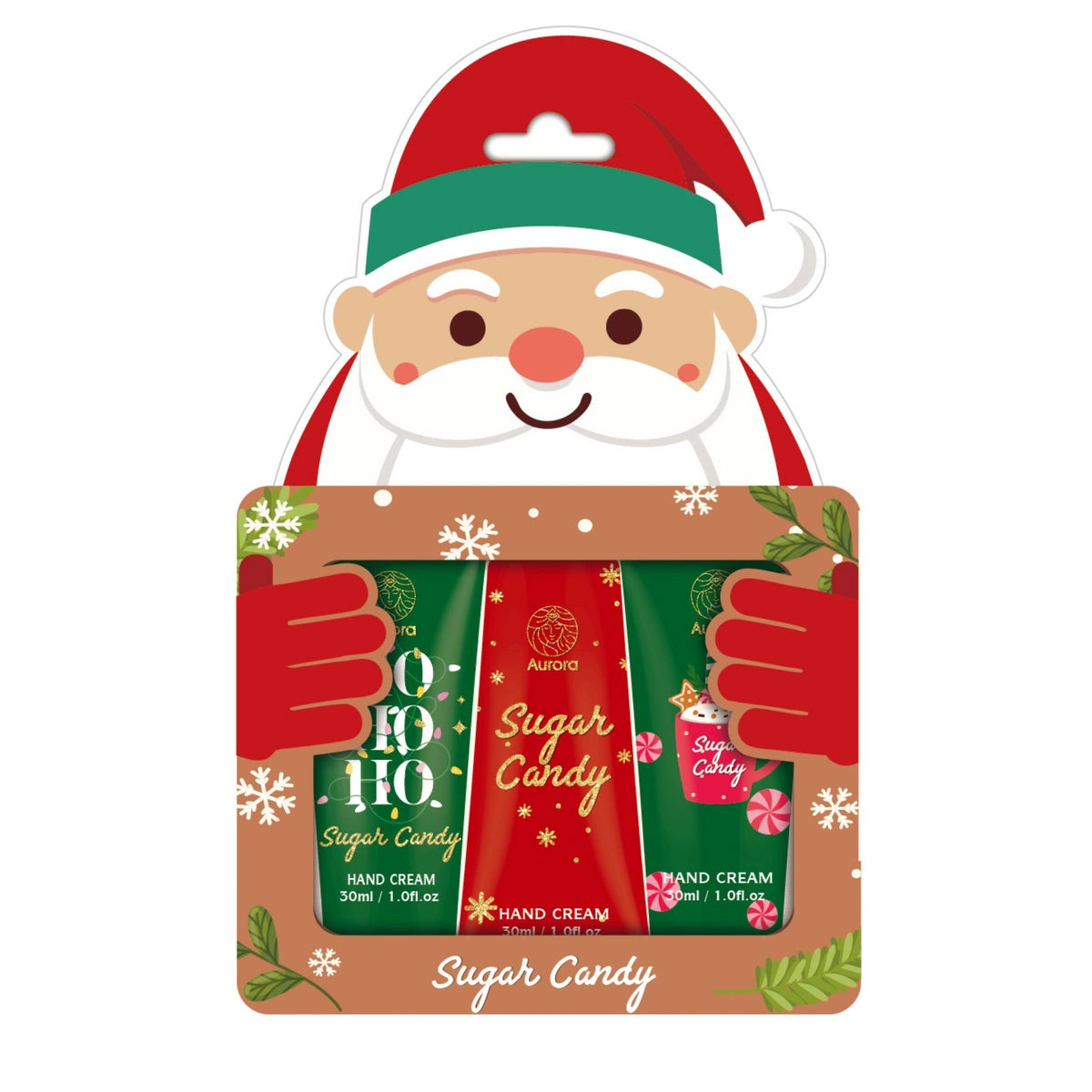 AURORA Dovanų rinkinys rankų priežiūrai Xmas Sugar Candy Box Mikołaj - 3 produktai