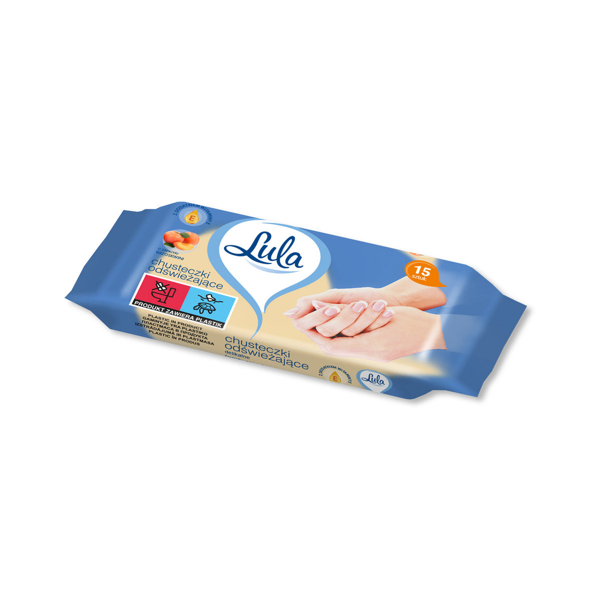 LULA Gaivinančios servetėlės su E vitaminu, kvapo persiko, 15 vnt.