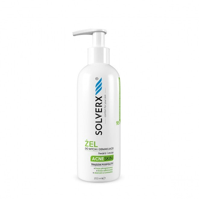 SOLVERX Acne Skin Gelis veido ir akių prausimui ir makiažo valymui - priešakne 200ml