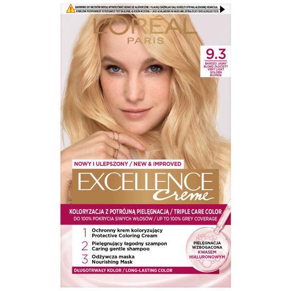 LOREAL Excellence Creme Spalvą keičiantis kremas 9.3 labai šviesus auksinis blondinas 1op.