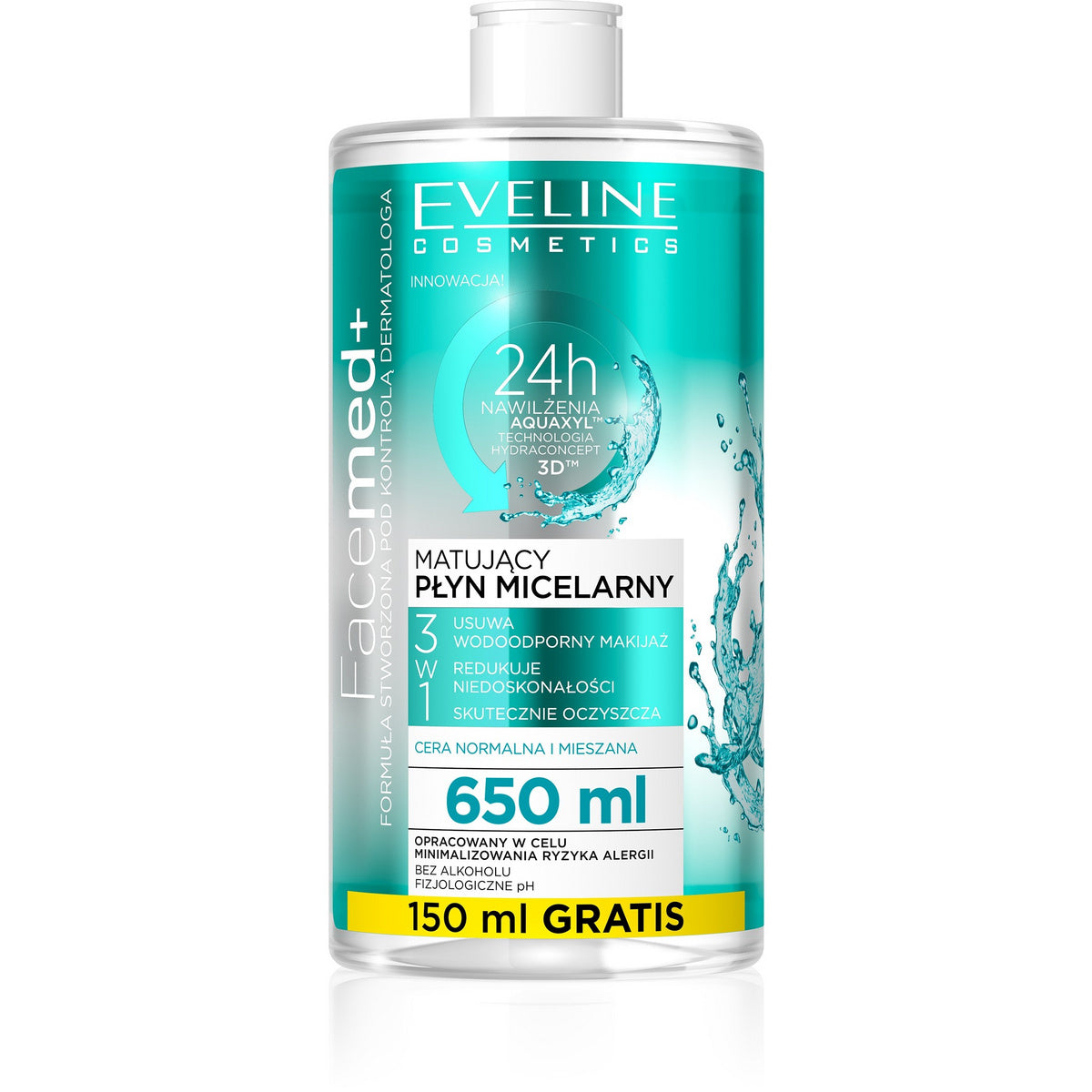 EVELINE Facemed+ Matinis micelinis skystis 3w1 - normaliai ir mišriai odai 650 ml