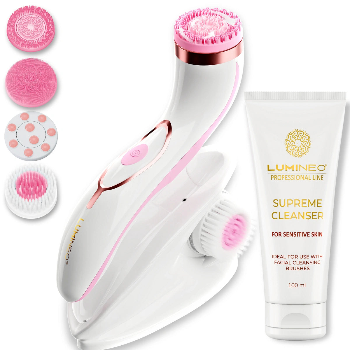 LUMINEO Professional Line Veido šepetėlis Brush Pro rožinis + Valomasis gelis Lumineo jautriai odai 100 ml