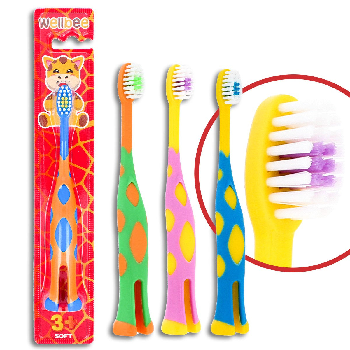 WELLBEE Vaikų dantų šepetėlis KIDS(3+) Soft (blister) stovintis - mišrios spalvos 1 vnt