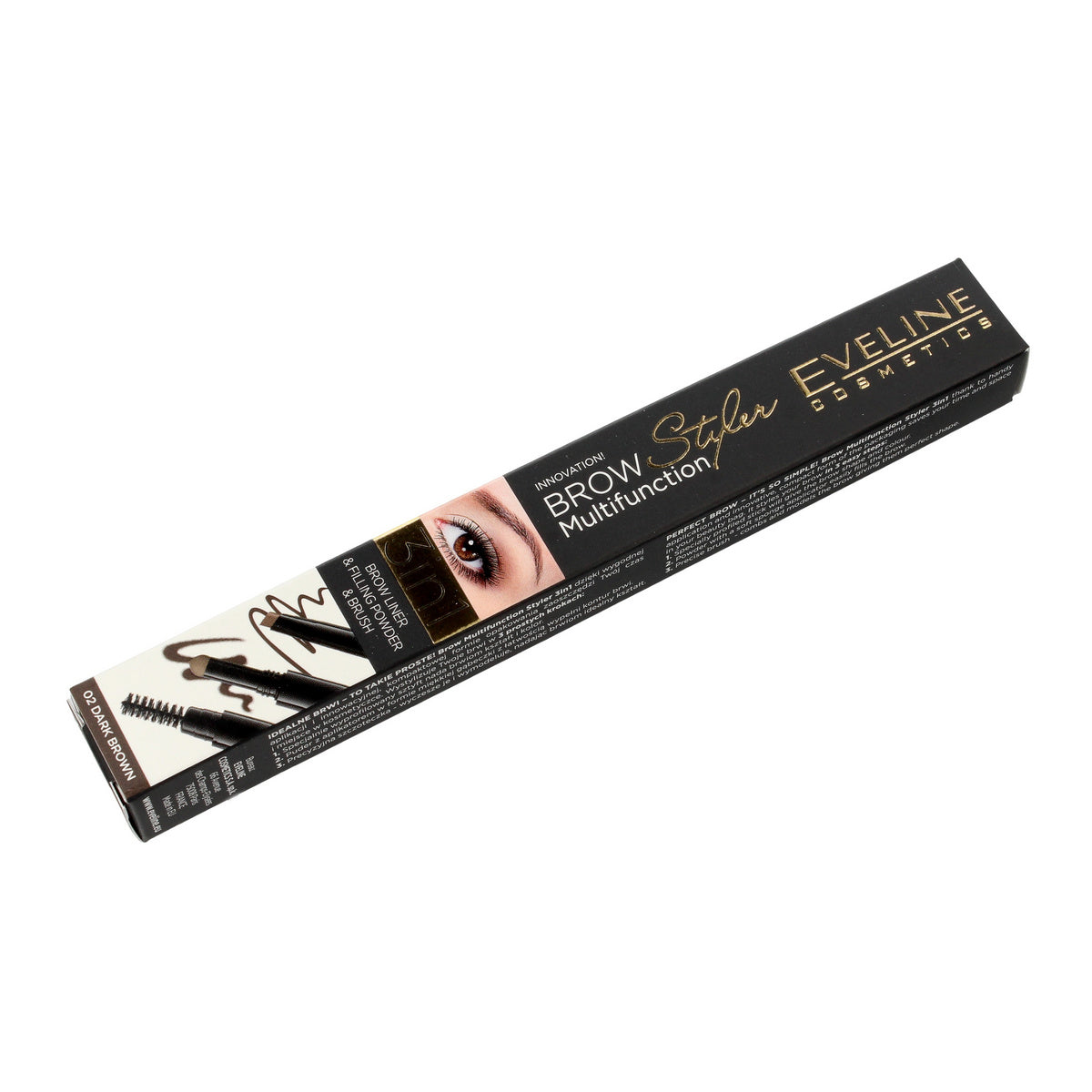 EVELINE Brow Styler Pieštukas antakiams 3in1 su kempinėle ir šepetėliu nr 02 Dark Brown