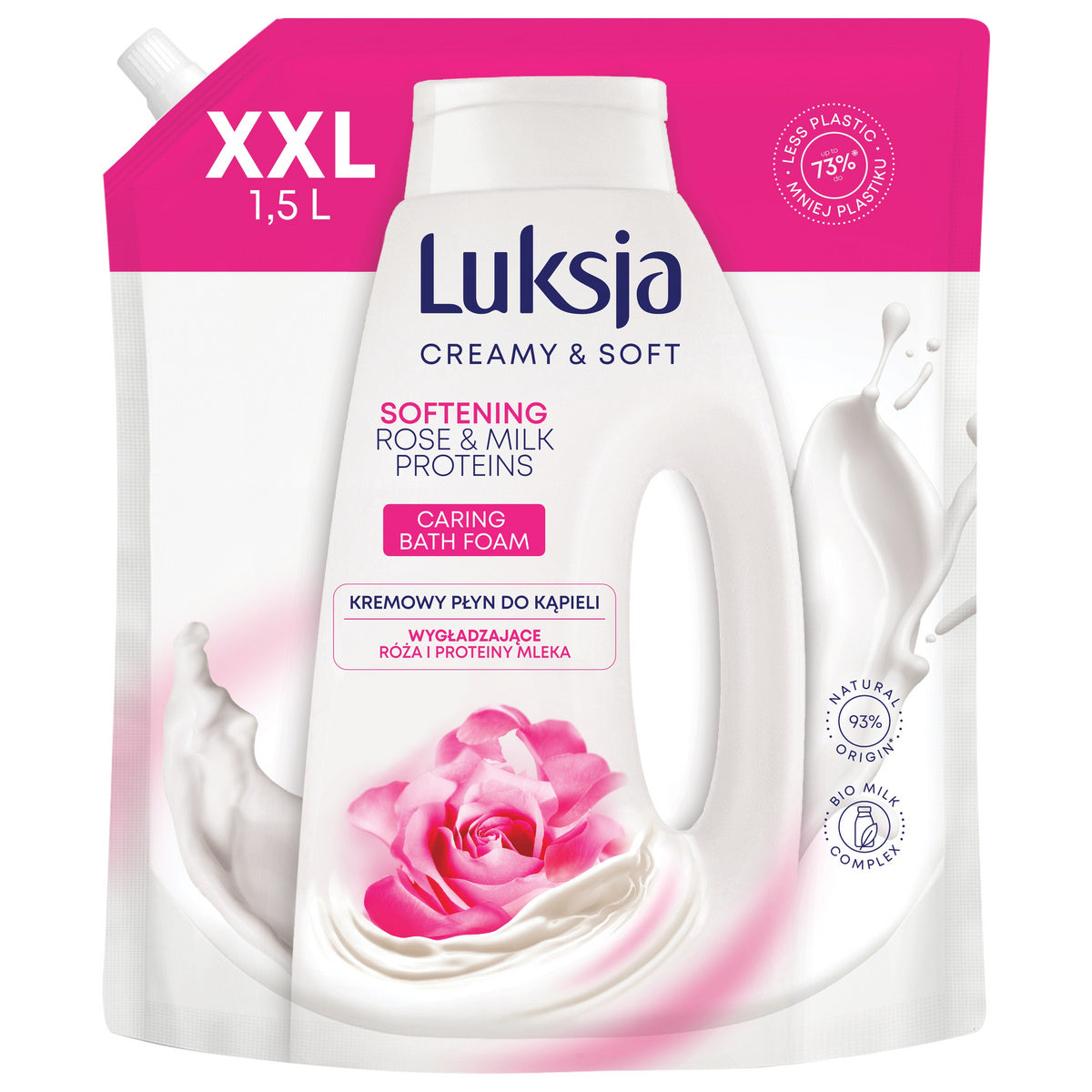 LUKSJA Creamy & Soft Kreminis minkštinantis vonios skystis - Rožė & Pieno baltymai 1500 ml - papildymas