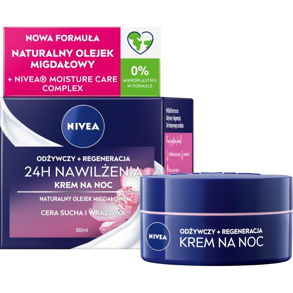 NIVEA 24H Drėkinimo Maitinamasis - Atkuriamasis naktinis kremas sausai ir jautriai odai 50 ml