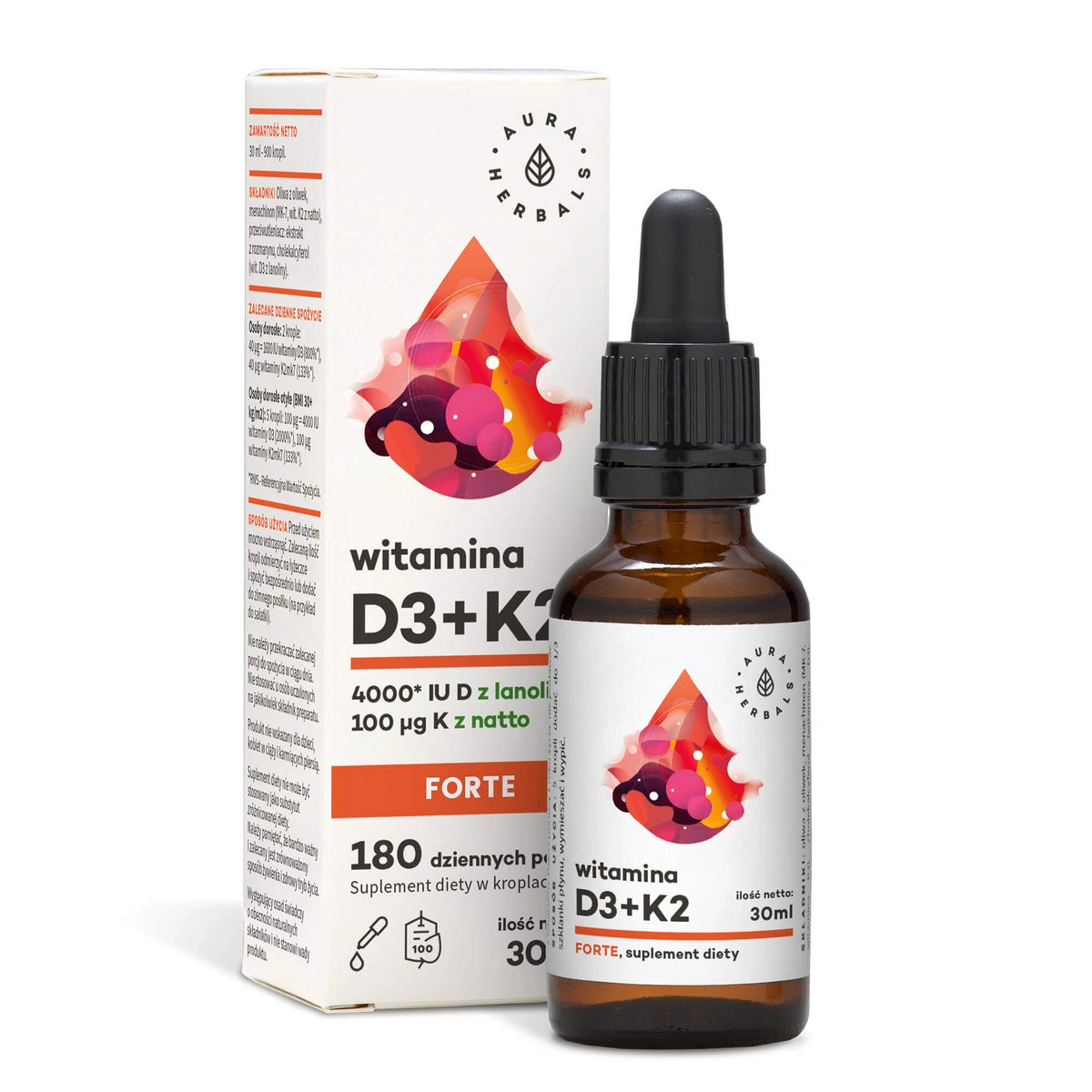 AURA HERBALS Vitamin D3 4000 IU + K2 forte lašai 30 ml