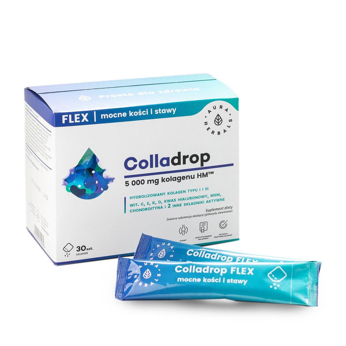 AURA HERBALS Colladrop Flex Hidrolizuotas jūrinis kolagenas 5000 mg tipo I ir III - stiprūs kaulai ir sąnariai (30 maišelių)