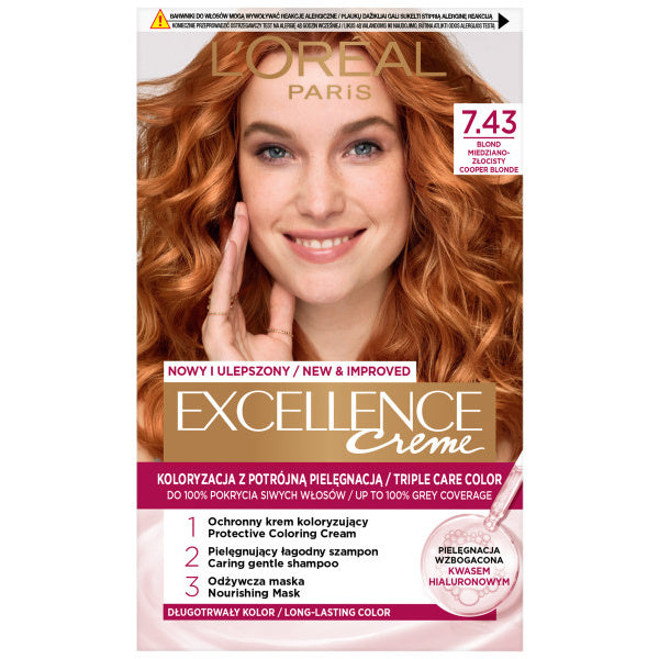 LOREAL Excellence Creme Plaukų dažai 7.43 Šviesiai vario auksinis