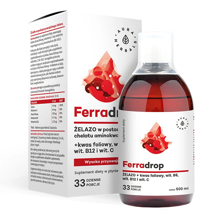 AURA HERBALS Ferradrop Geležies + Folio Rūgštis - skystas maisto papildas 500 ml