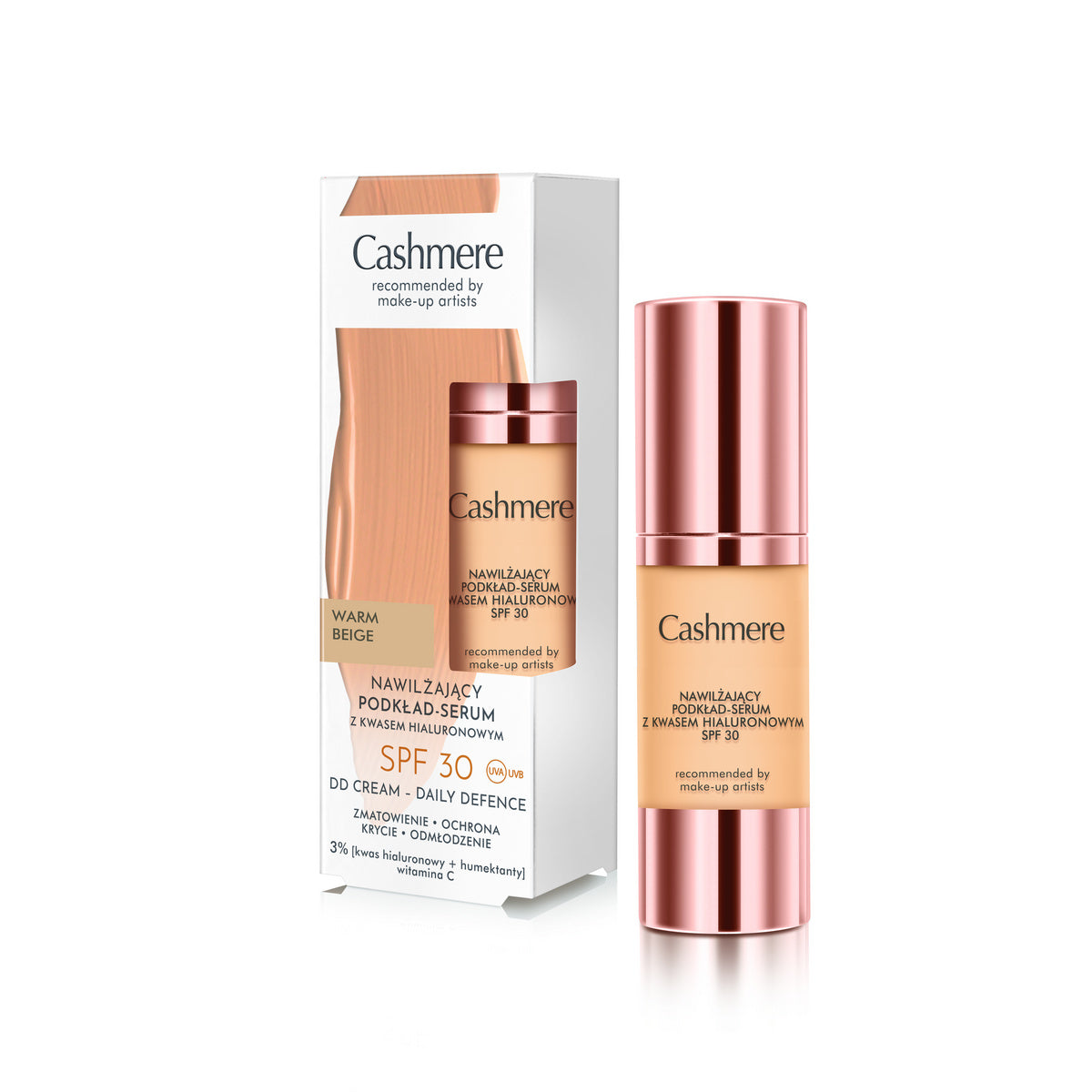 CASHMERE DD SPF 30 Drėkinantis fondas-serumas su hialurono rūgštimi Warm Beige 30 ml