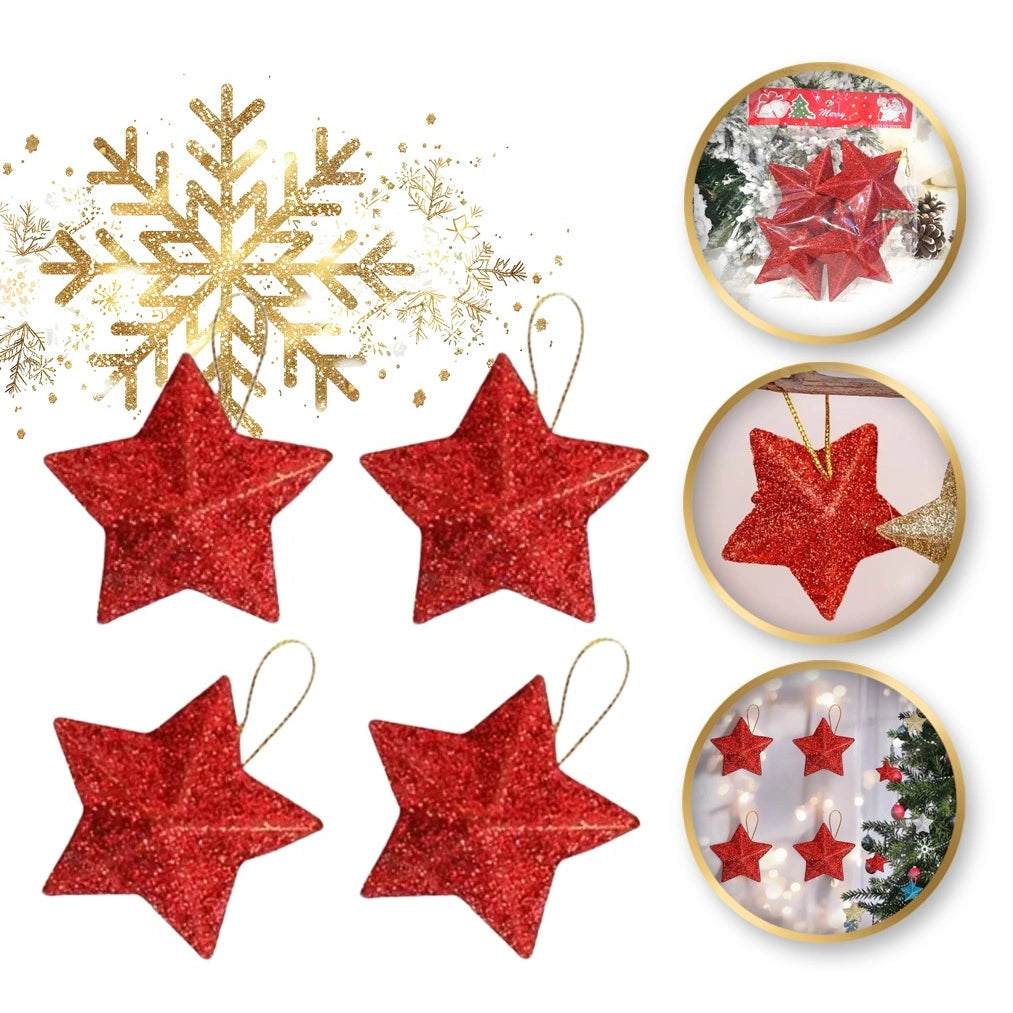 ECARLA Kalėdinių žvaigždučių rinkinys su blizgučiais 7 cm Raudonos BSN53 1 pakuotė - 4 vnt.