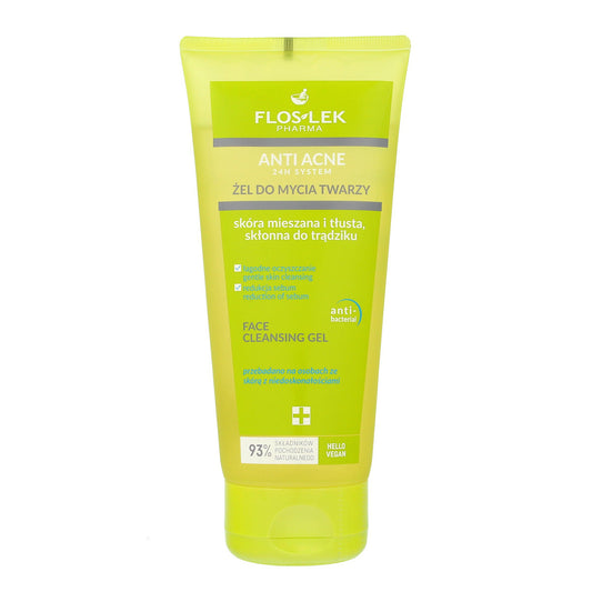 FLOSLEK Pharma Anti-Acne 24H System Valomasis gelis mišriai, riebiai ir spuoguotai odai 200ml