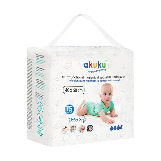 AKUKU Vienkartinės vystyklų paklodės Baby Soft 40x60 cm (a0500) 1 pakuotė - 15 vnt.