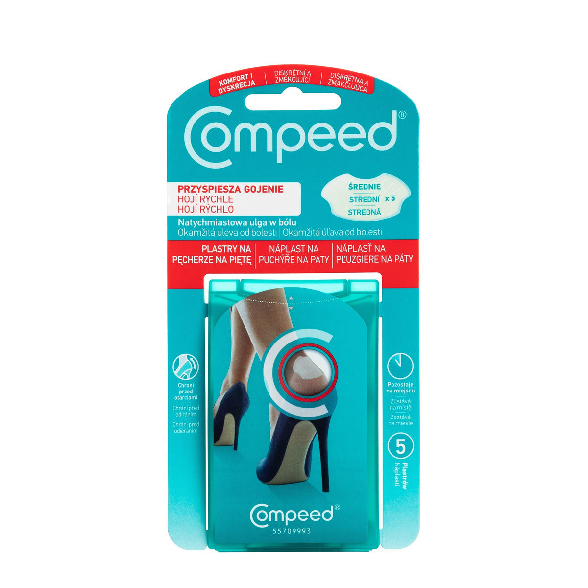 COMPEED pleistrai nuo pūslės ant kulnų moterims - vidutiniai 1 pakuotė - 5 vnt.