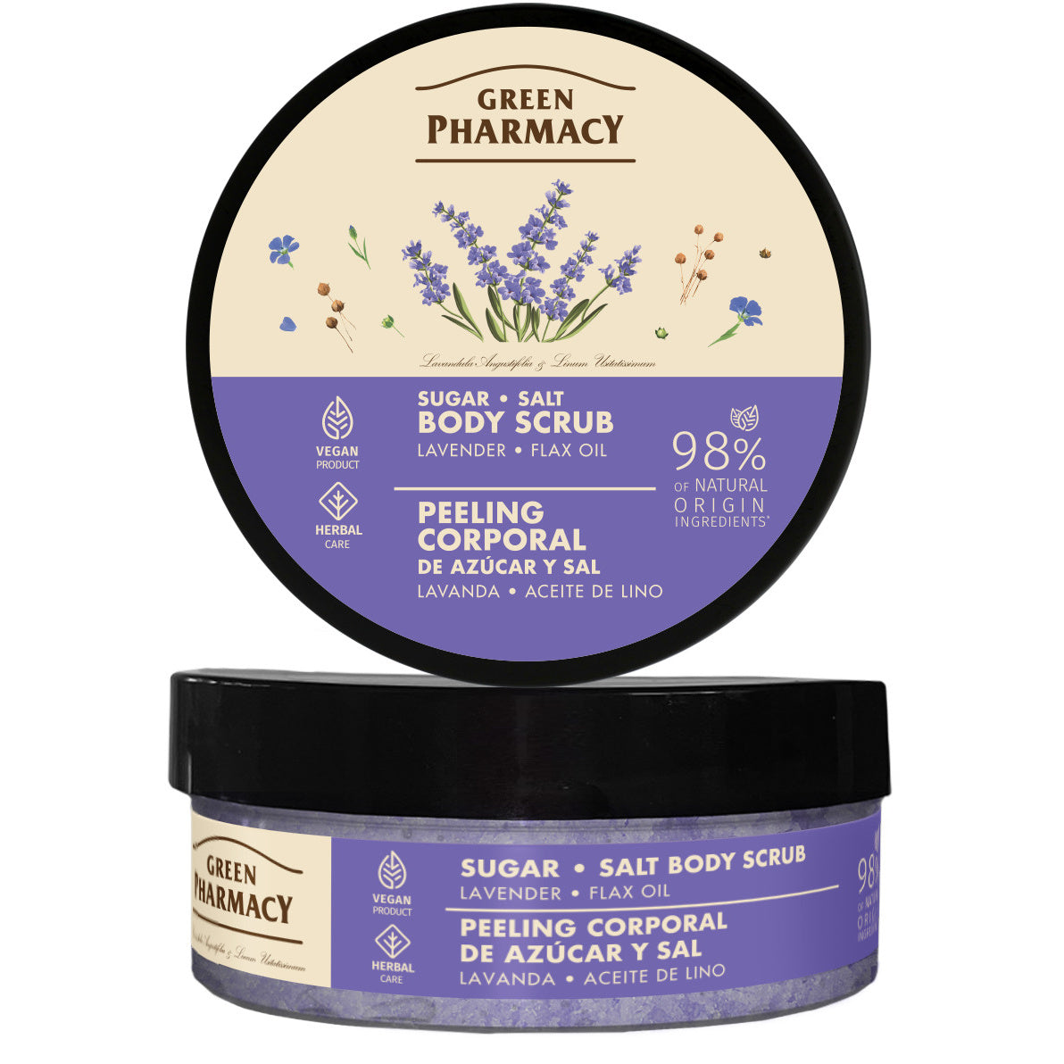 GREEN PHARMACY Cukraus-sūrus kūno šveitiklis Levanda + Linų aliejus 200 ml