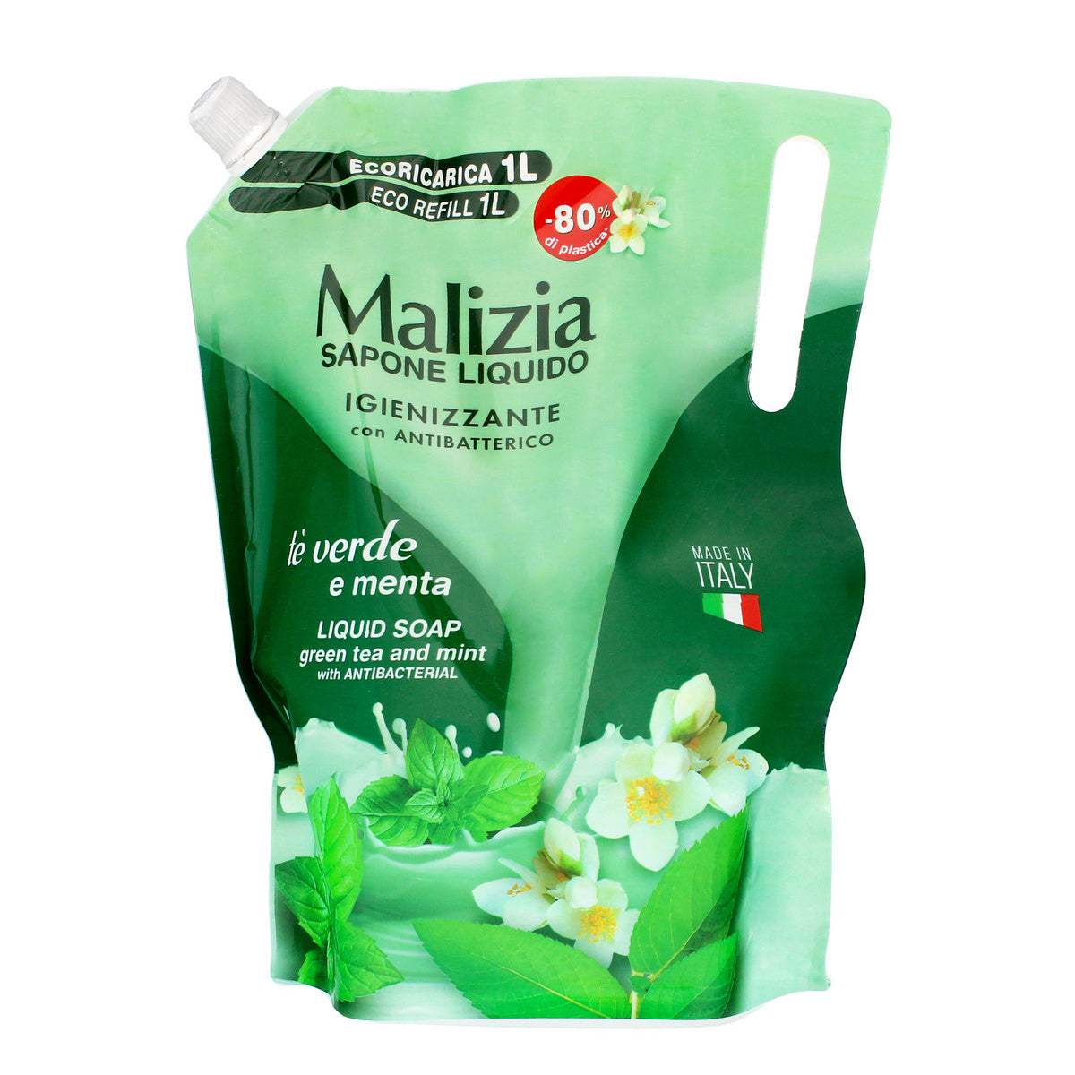 MALIZIA Skystas muilas antibakterinis Žalioji arbata & Mėta – papildymas 1000 ml