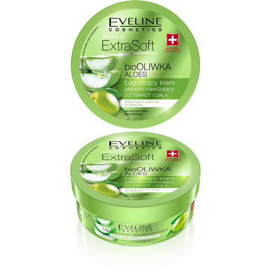 EVELINE Extra Soft bio Aliejaus ir Aloe Vera Raminantis giliai drėkinantis kremas veidui ir kūnui 175 ml