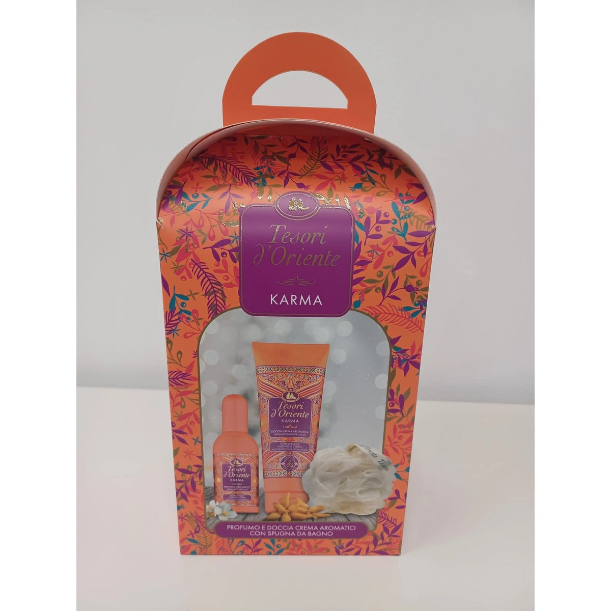 TESORI D'ORIENTE Dovanų rinkinys Karma (Tualetinis vanduo 100 ml + Dušo gelis 75 ml + Vonios kempinė)