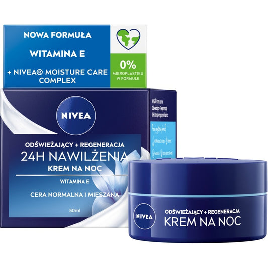 NIVEA 24H Drėkinimo Atgaivinantis Regeneruojantis naktinis kremas normaliai ir mišriai odai 50 ml