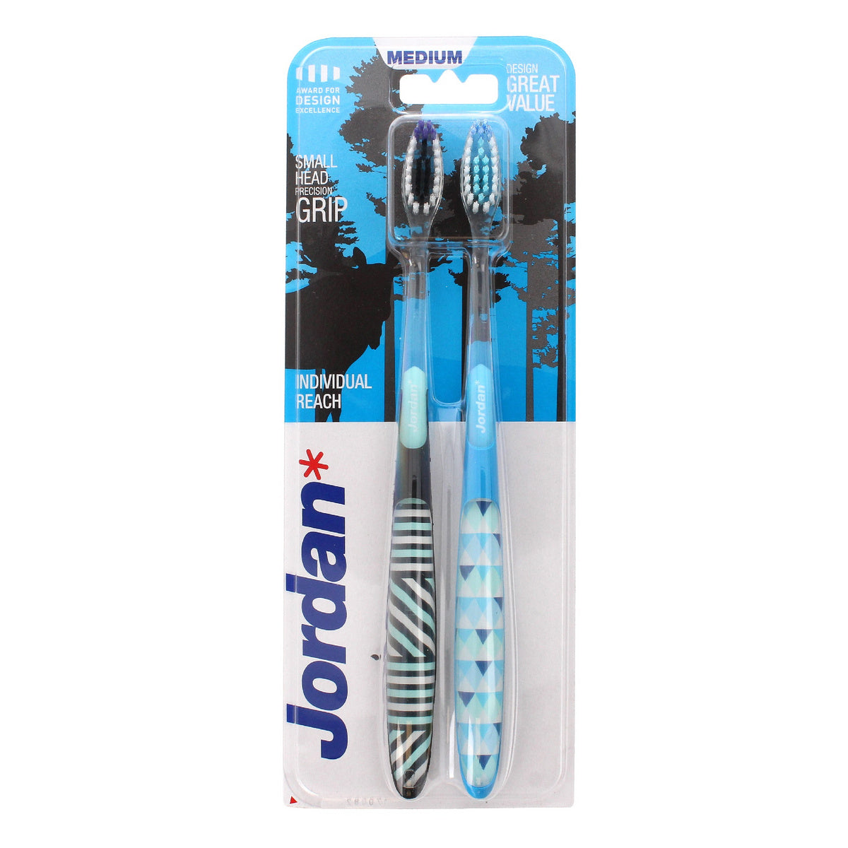 Jordan Dantų šepetėlis DUO Individual Reach Medium - mišrių spalvų 1 op-2vnt