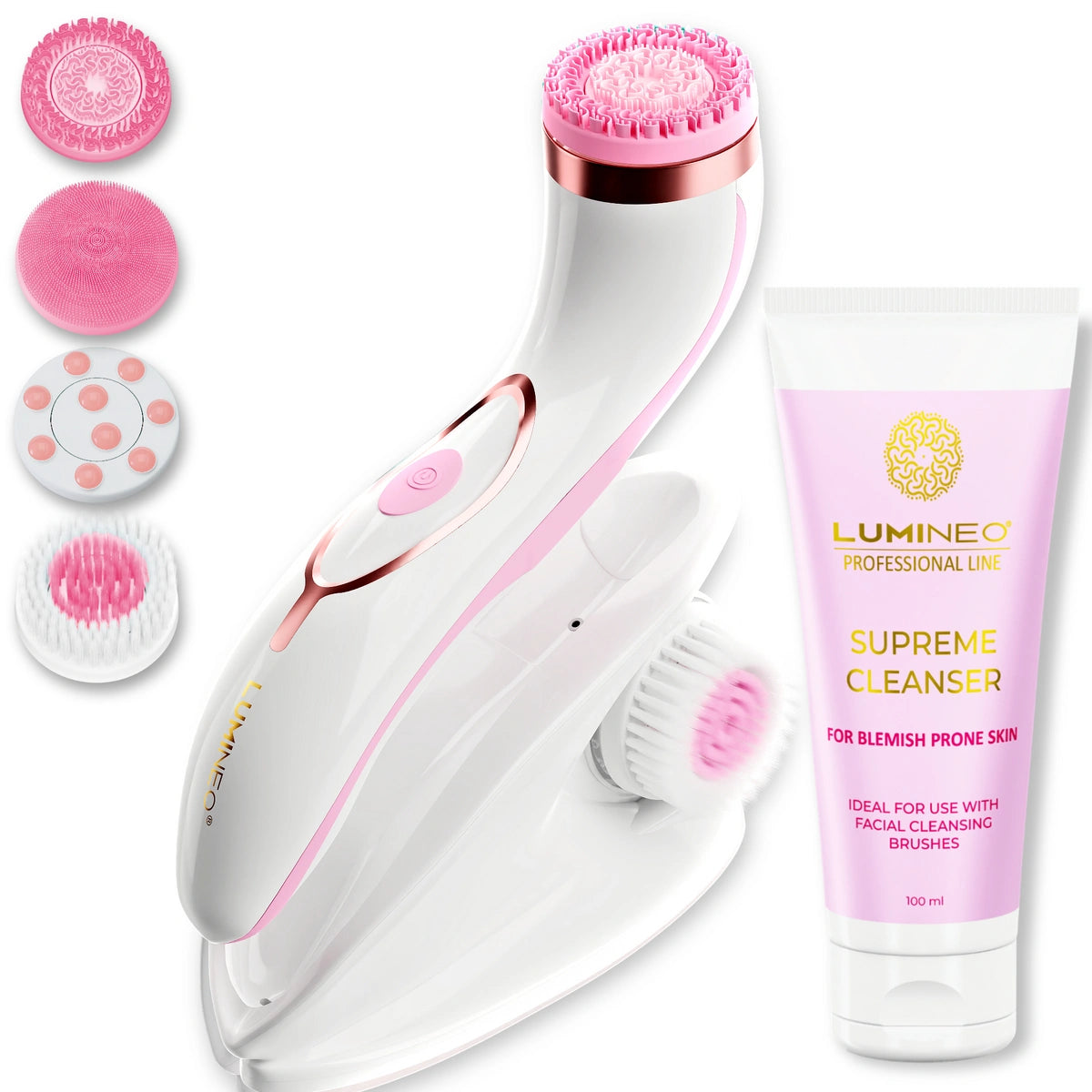 LUMINEO Professional Line Veido šepetėlis Brush Pro rožinis + LUMINEO gelis probleminei odai 100 ml