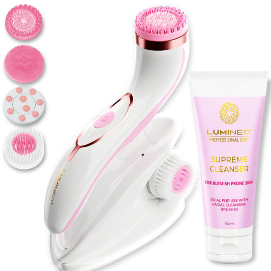LUMINEO Professional Line Veido šepetėlis Brush Pro rožinis + LUMINEO gelis probleminei odai 100 ml