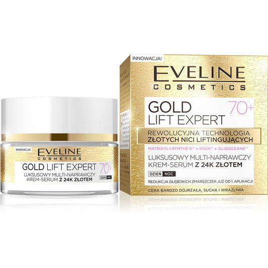EVELINE Gold Lift Expert 70+ Prabangus daugiafunkcis kremas-serumas su 24k auksu dienai/nakčiai 50 ml