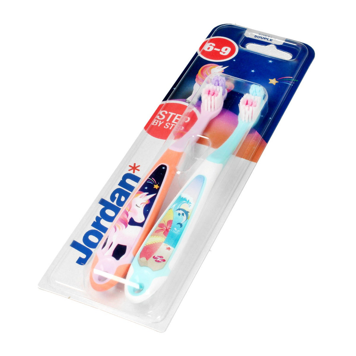 Jordan Vaikų dantų šepetėlis DUO Step by Step 6-9 soft - mišrių raštų 1 vnt