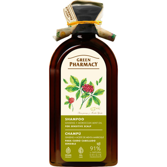 GREEN PHARMACY Šampūnas jautriai galvos odai su ženšeniu ir Maroko mėtų aliejumi 350 ml