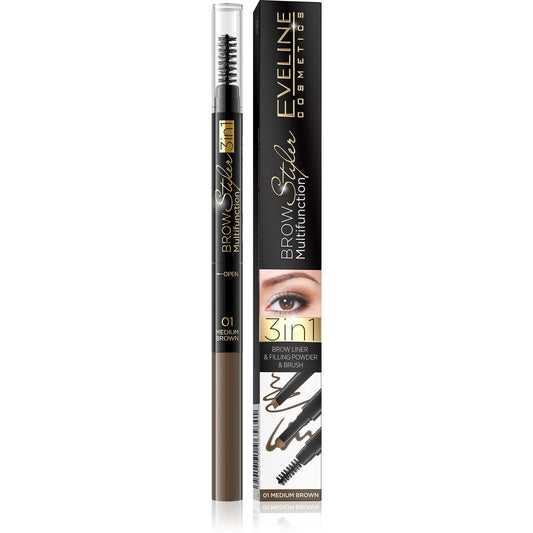 EVELINE Brow Styler Pieštukas antakiams 3in1 su kempinėle ir šepetėliu nr 01 Medium Brown