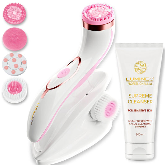 LUMINEO Professional Line Veido šepetėlis Brush Pro rožinis + Valomasis gelis Lumineo jautriai odai 100 ml