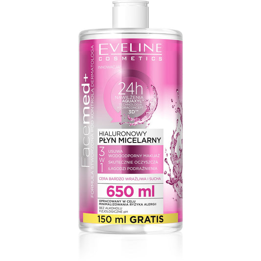 EVELINE Facemed+ Hialuroninis micelinis skystis 3w1 - labai jautriai ir sausai odai 650 ml