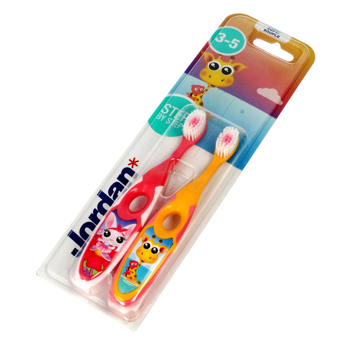 Jordan vaikiška dantų šepetėlis Step by Step 3-5 minkštas DUO - miksas raštų 1 vnt