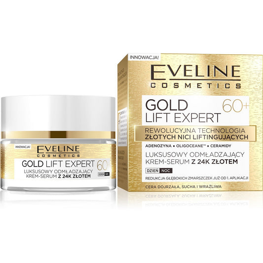 EVELINE Gold Lift Expert 60+ Prabangus atjauninantis kremas-serumas su 24k auksu dienai/naktiai 50 ml