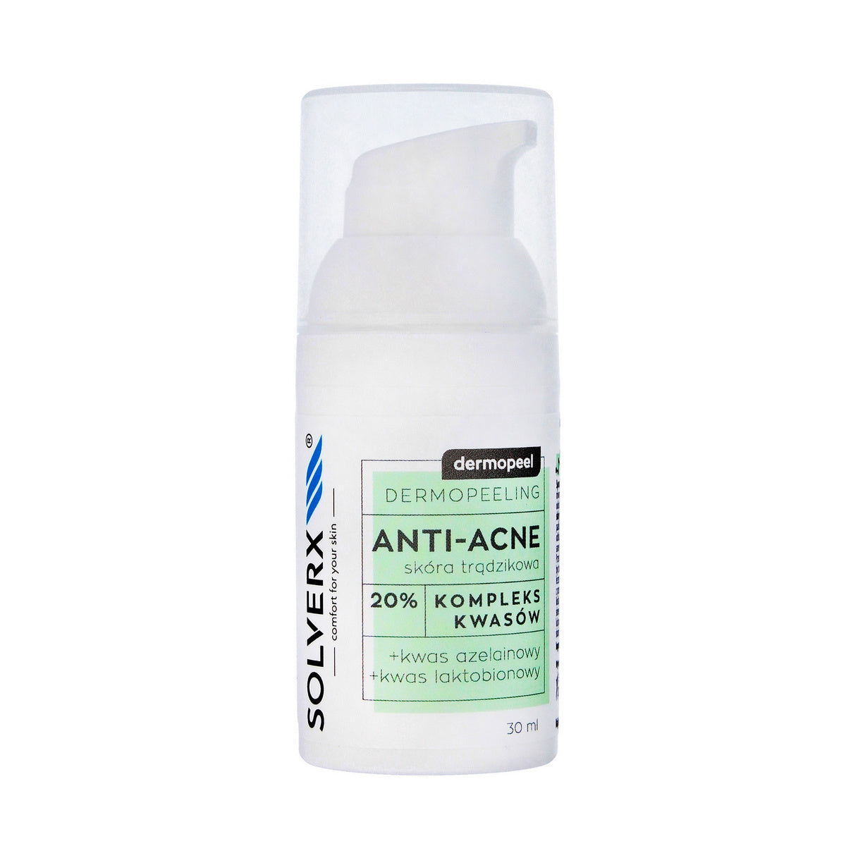 SOLVERX Dermopeel Dermopeeling Anti-Acne - Rūgščių kompleksas 20% (azelaino, laktobioninio) 30ml