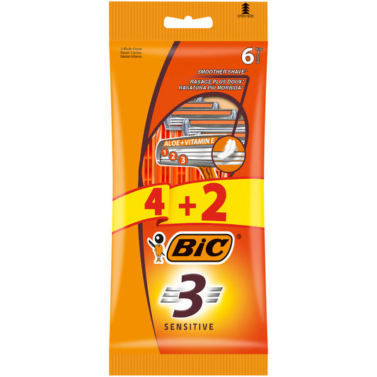 BIC 3 ašmenų skutimosi peiliukai vyrams Sensitive 1op.-6vnt (4+2 nemokamai)