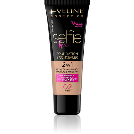 EVELINE Selfie Time 2w1 maskuojantis ir drėkinantis pagrindas nr. 02 Ivory 30 ml