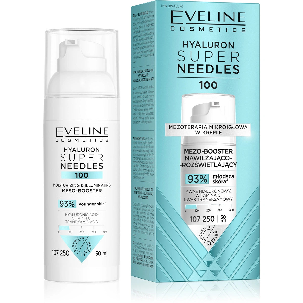 EVELINE Hyaluron Super Needles 100 Mezo-booster drėkinantis ir šviesinantis 50 ml