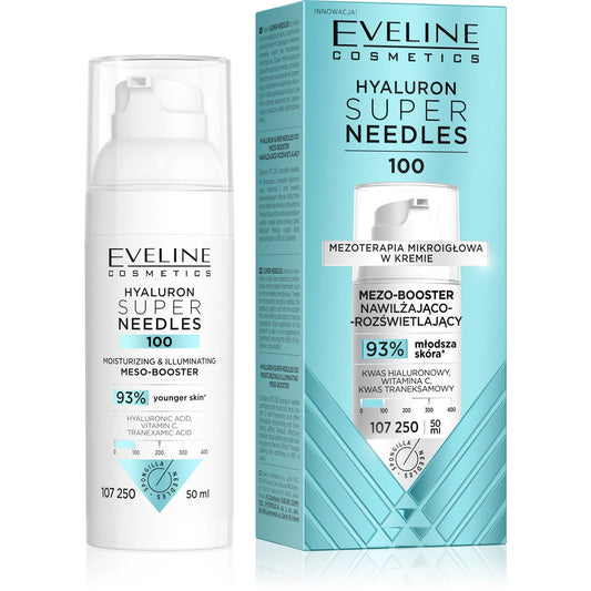 EVELINE Hyaluron Super Needles 100 Mezo-booster drėkinantis ir šviesinantis 50 ml