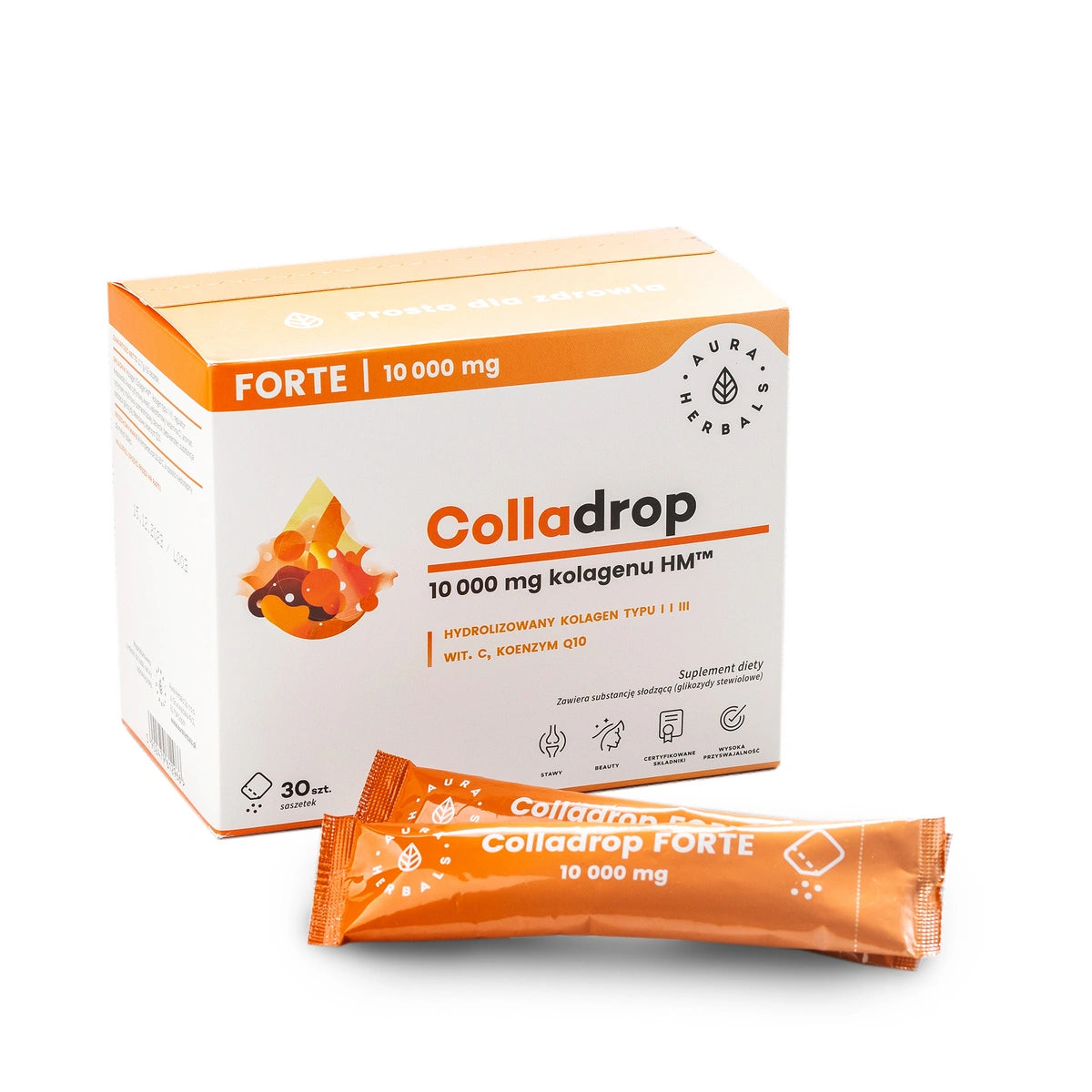 AURA HERBALS Colladrop Forte Hidrolizuotas jūrinis kolagenas 10000 mg tipo I ir III - (30 paketėlių)