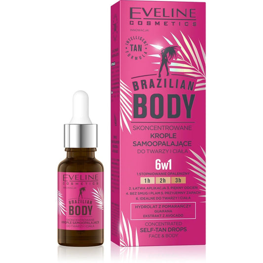 EVELINE Brazilian Body Koncentruotos savaiminio įdegio lašai veidui ir kūnui 6w1 18 ml