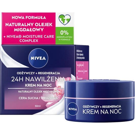 NIVEA 24H Drėkinimo Maitinamasis - Atkuriamasis naktinis kremas sausai ir jautriai odai 50 ml