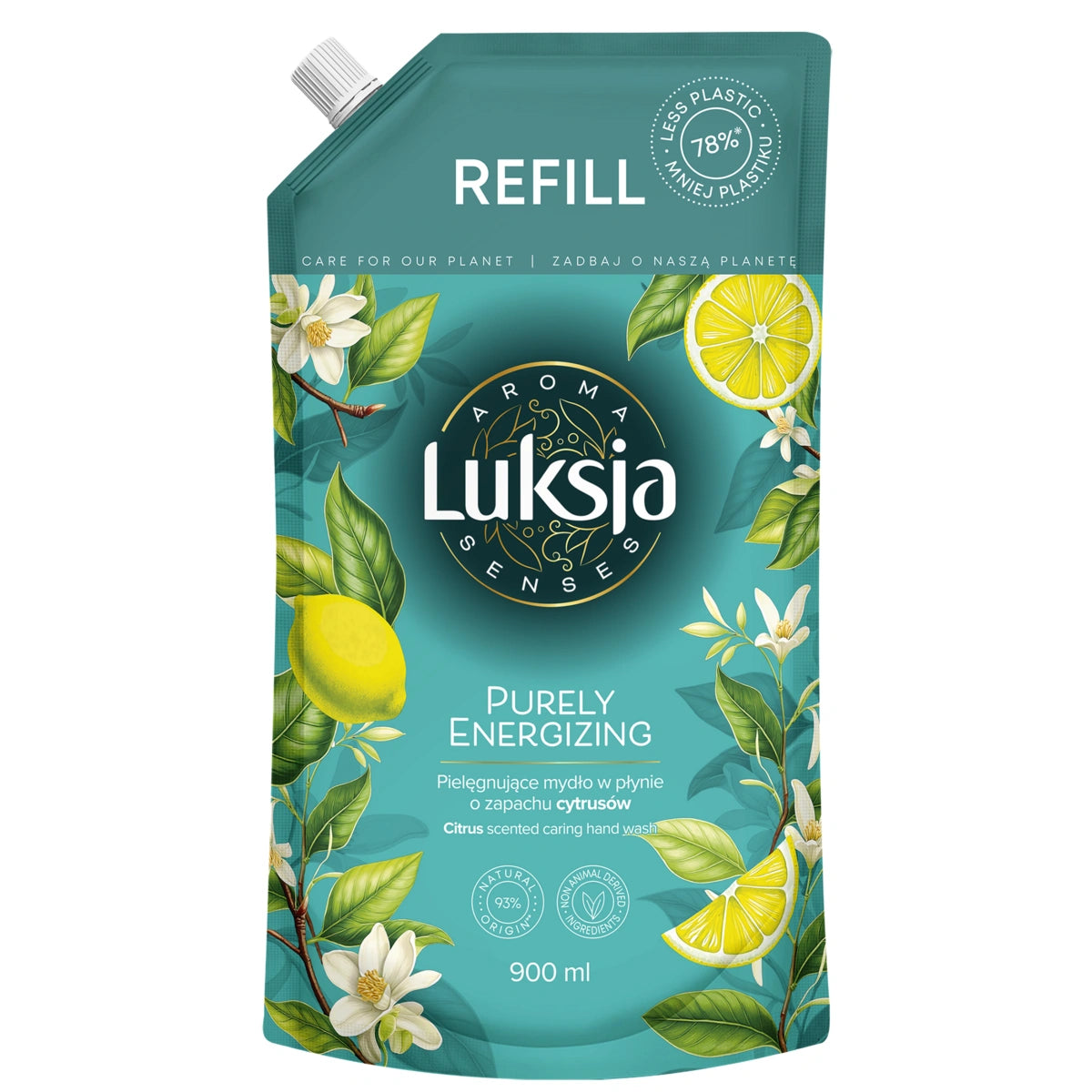 LUKSJA Aroma Senses Purely Energizing Drėkinantis skystas muilas su citrusų kvapu - atsarginė 900 ml
