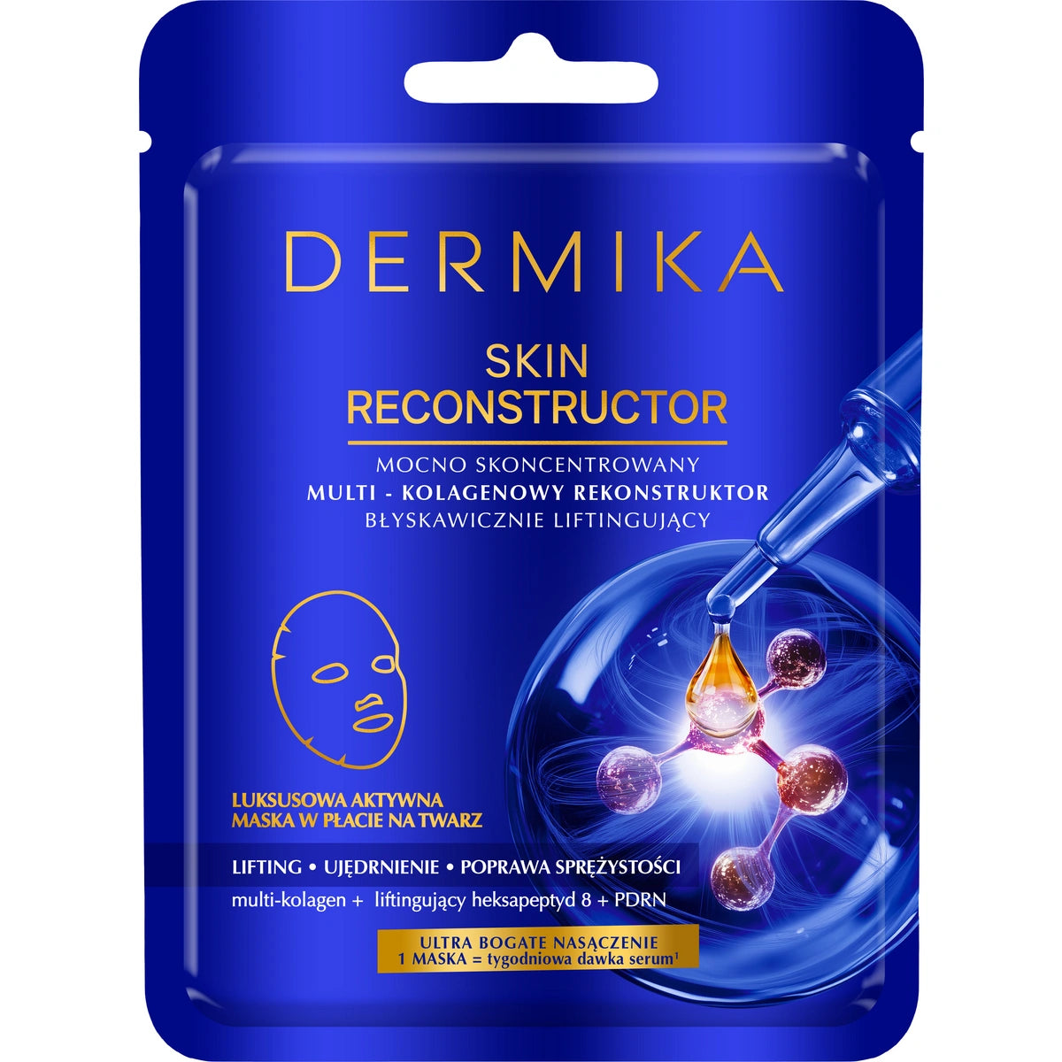 DERMIKA SKIN RECONSTRUCTOR Stipriai koncentruotas multi-kolageninis rekonstruktor, greitai pakeliantis. Prabangus aktyvus veido kaukės lapelis.