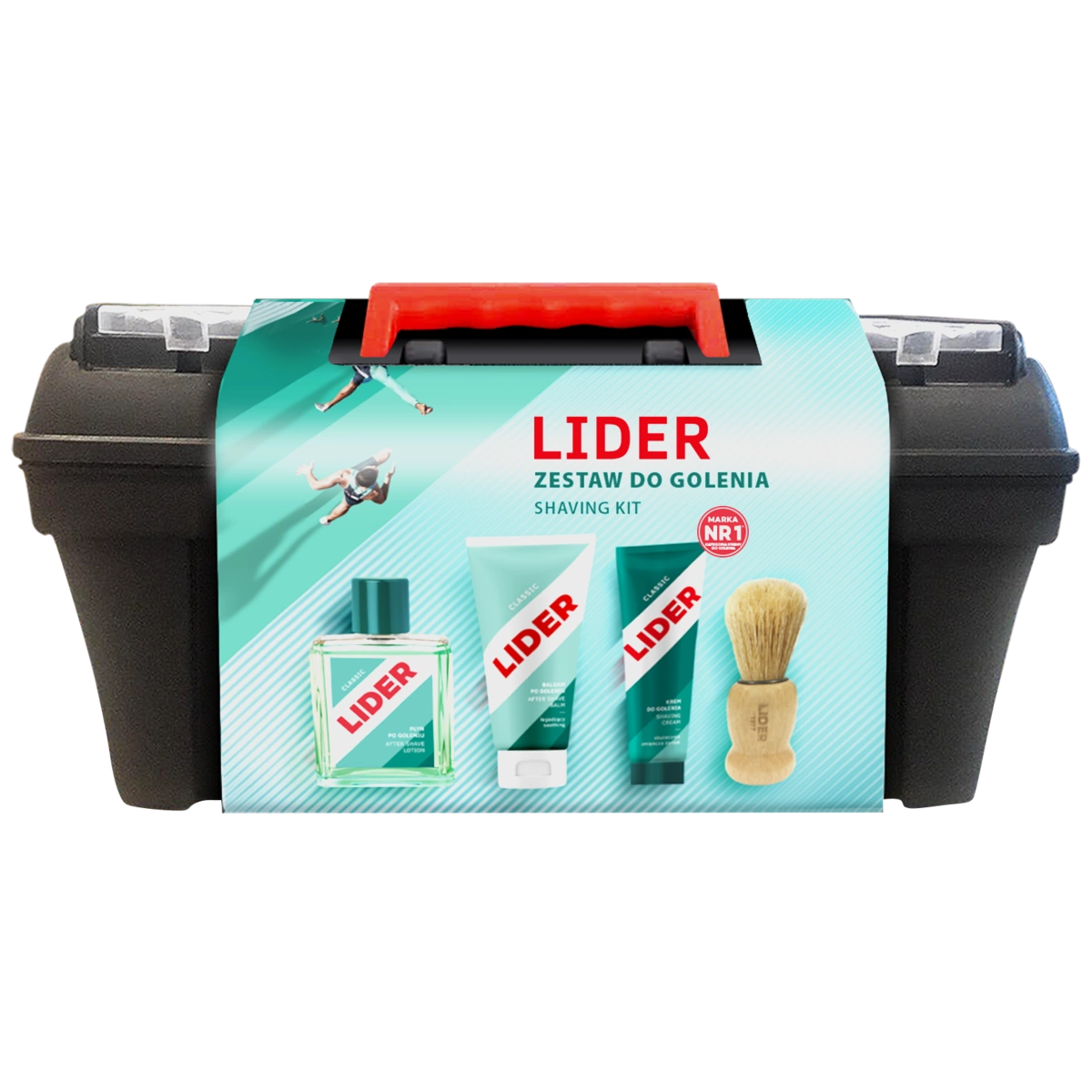 LIDER Dovanų rinkinys vyrams Šepetys skutimuisi + Skutimosi kremas + Skutimosi skystis + Balsamas po skutimosi