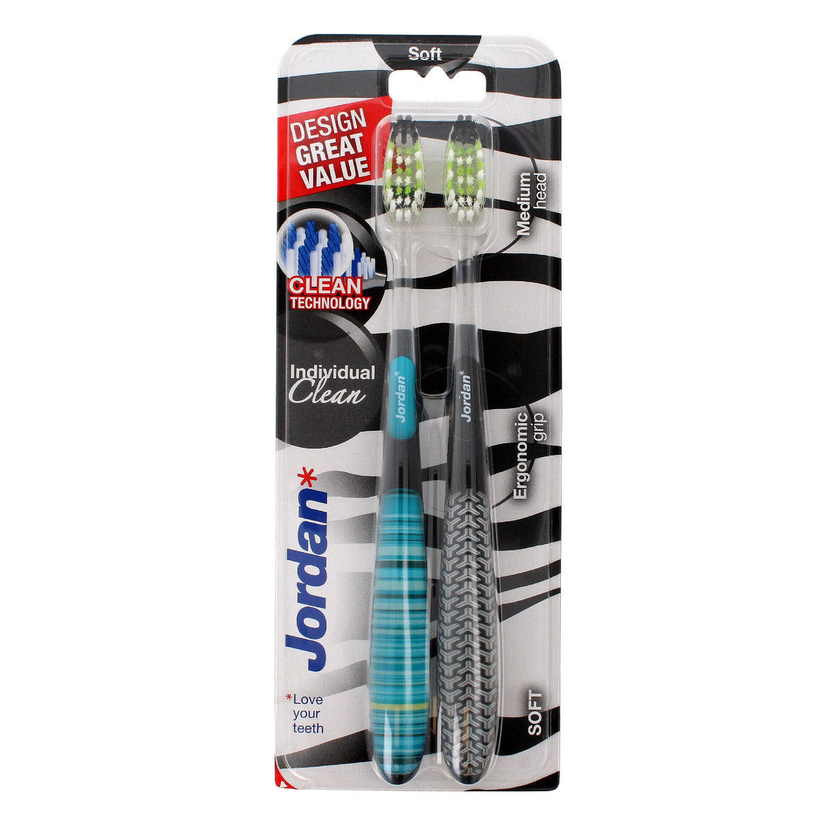 Jordan Dantų šepetėlis DUO Individual Clean Soft - mišri spalvų 1 pakuotė-2vnt